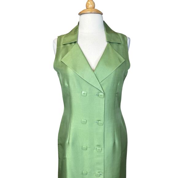 Tower Hill Collection Green 100% Silk Double-Breasted Sleeveless Blazer Dress 12 - Picture 3 of 16